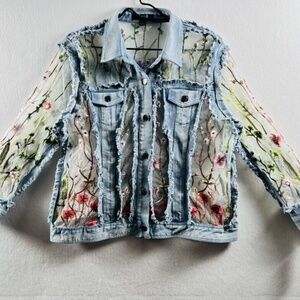 A.Z.I. New York Floral Embroidered Mesh Denim Jacket Large NWT Whimsygoth Boho